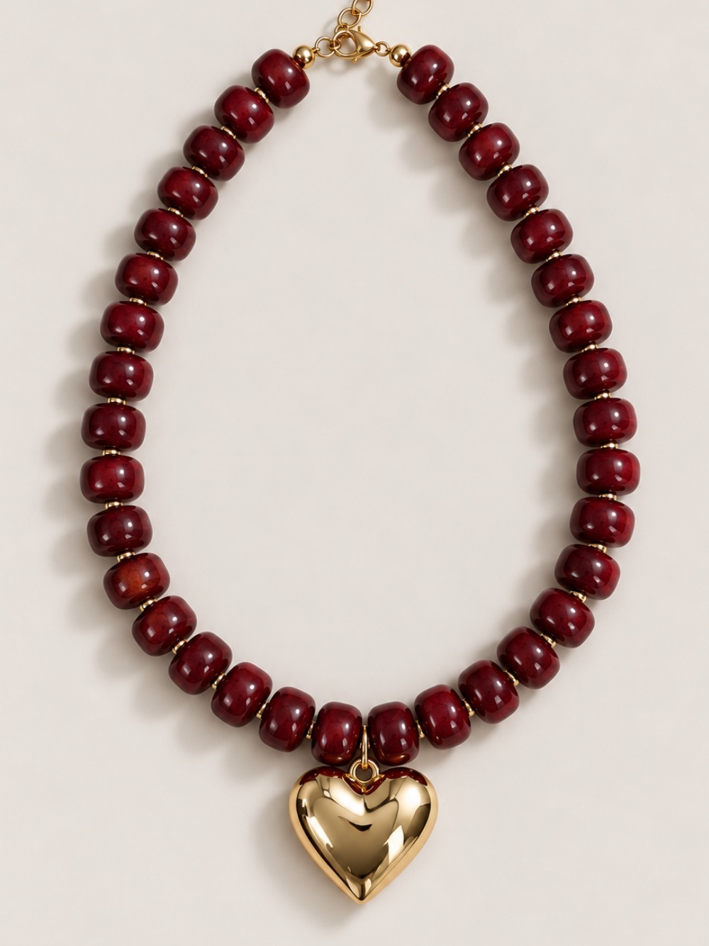 New! Cranberry Red Beaded Gold Heart Necklace NWOT 5010
